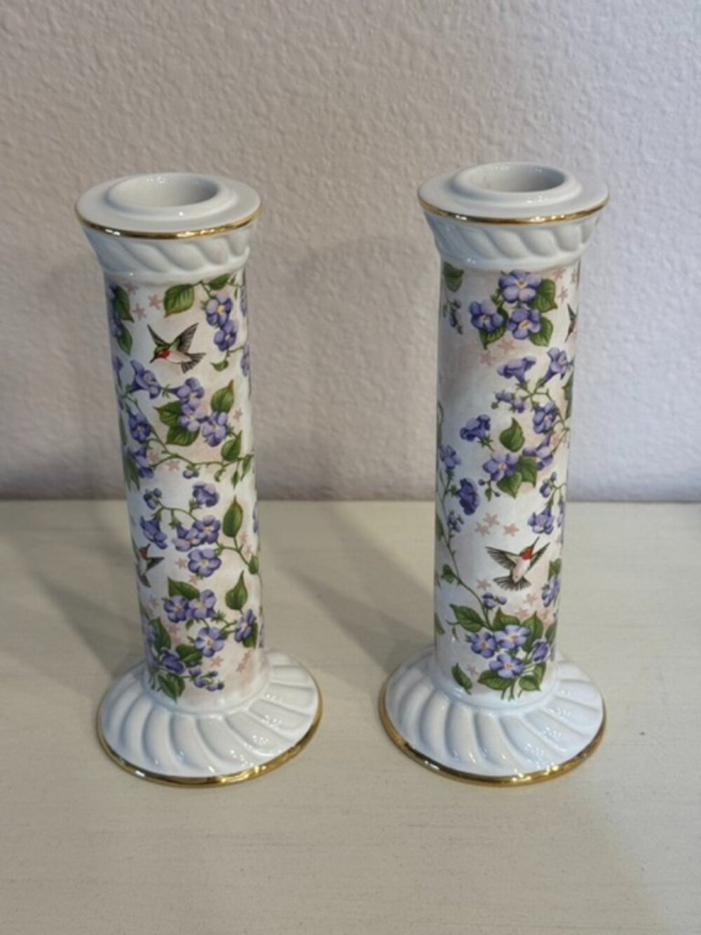 Vintage pair of Crystal Cathedral Ministries Hummingbird Club Candlesticks